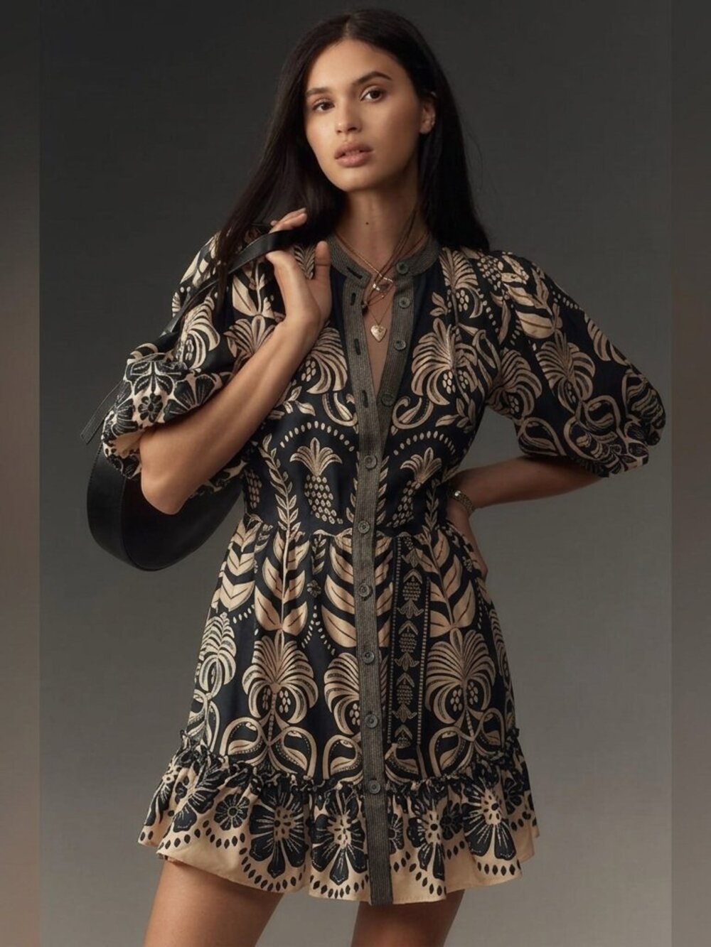 Anthropologie Farm Rio Ainika Floral Puff Sleeve Mini Dress XS Navy Tan NWT